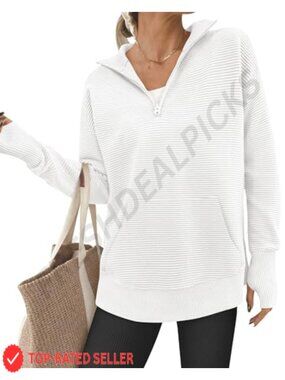 Quarter Zip Pullover Sweater Ribbed Knit Loose Fit with Thumb Hole